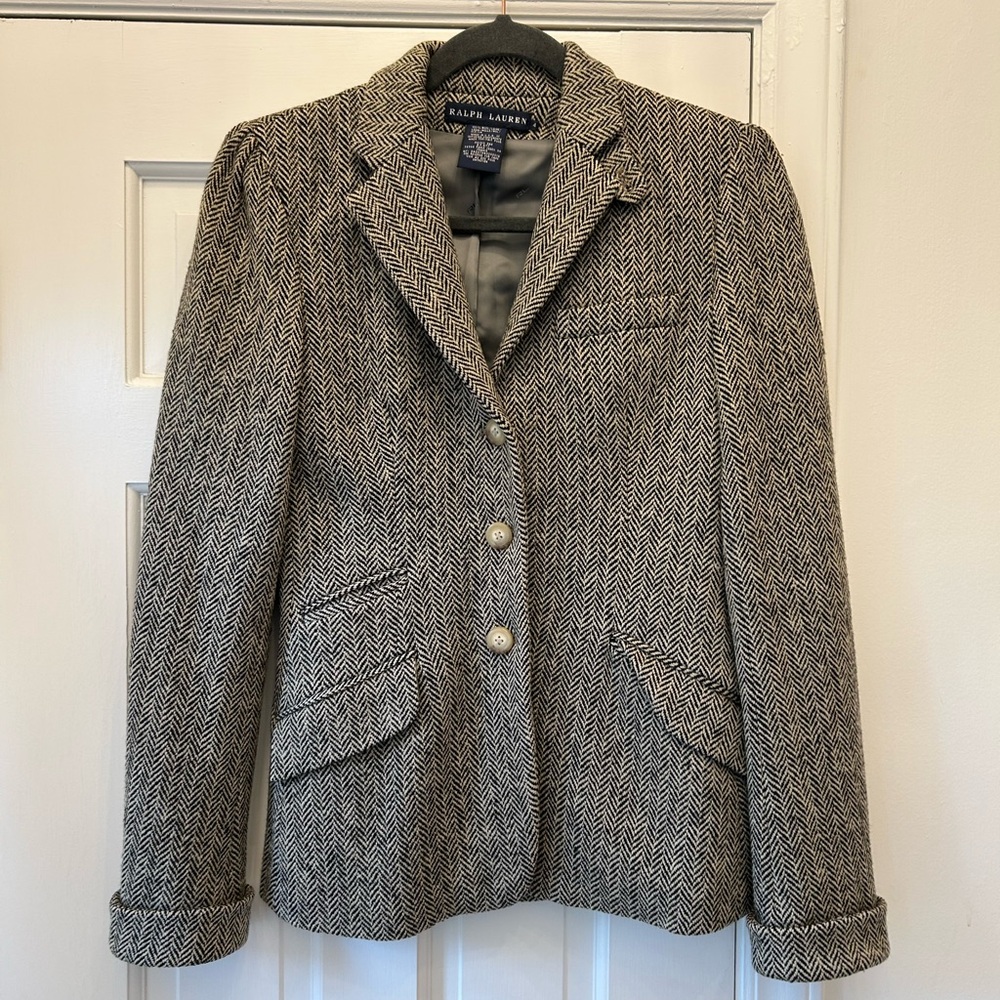 Ralph Lauren Black and White Herringbone Wool Blend Blazer
